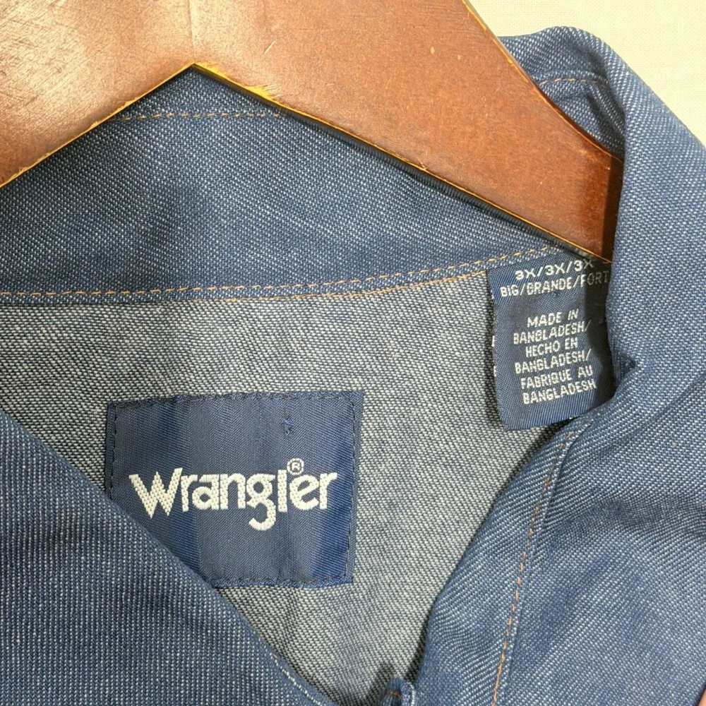 Wrangler Mens Blue Denim Western Pearl Snap Short Sleeve Shirt Big 3X 3XL